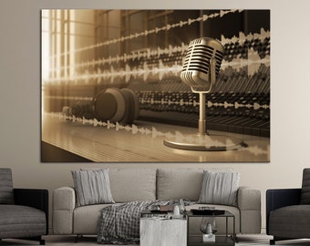 Music wall art Vintage Silver Microphone Canvas art prints Recording Studio Music art Sound Wave Gifts for musicians