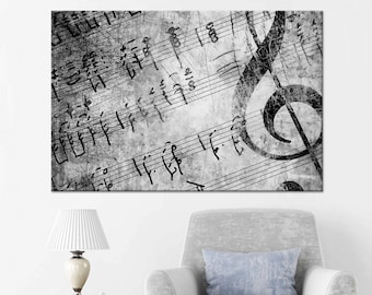 Music Notes canvas print Treble clef art Black White print Music lover gift Extra Large wall art Sheet Music Notes print Music Room Decor