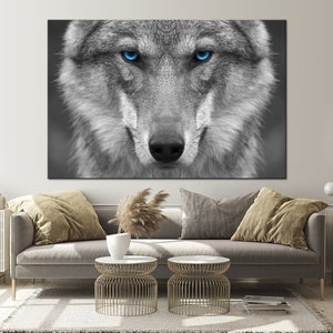 Gray Wolf Blue Eyes printable canvas wall art prints Wolf wall art Black Wolf art Alpha Wolf poster Wolf face poster Wildlife wall art decor