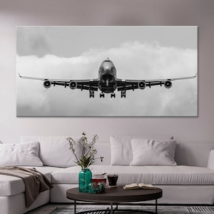 Passenger plane Boeing 747 printable canvas wall art prints Airplane art Travel print Black and white canvas Extra large wall art decor