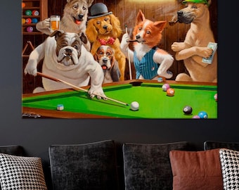 May include: A rectangular wall art print depicting a group of anthropomorphic dogs playing billiards on a green table. The scene features a bulldog holding a pool cue, a beagle, a golden retriever, a corgi, and a standing dog holding money.