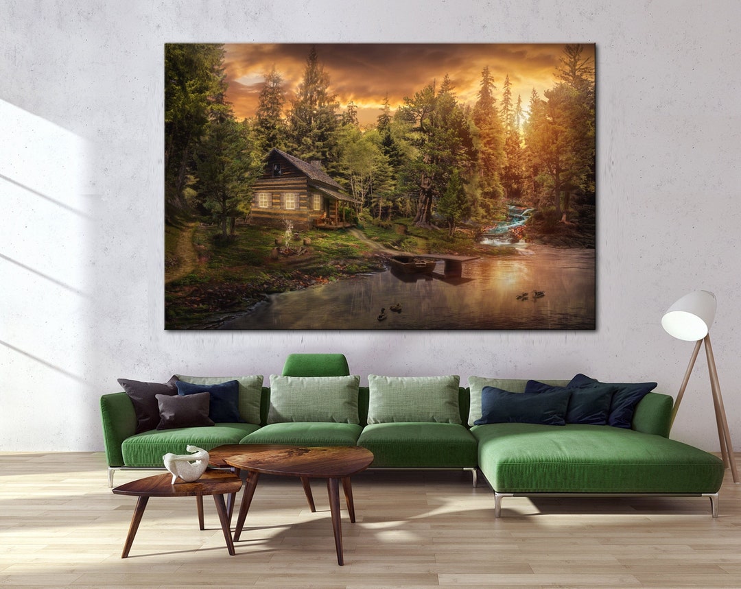 Cozy Cabin Lake House Printable Canvas Wall Art Prints Autumn Forest ...