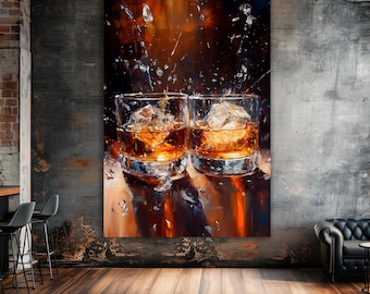 Whiskey Glass Canvas Print, Alcohol Bar Wall Art