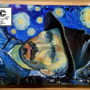 May include: A rectangular canvas print featuring a stylised portrait of a bearded person wearing a dark hat, set against a swirling blue night sky with yellow stars. The logo Canvas Art Store is printed in the top left corner of the artwork.