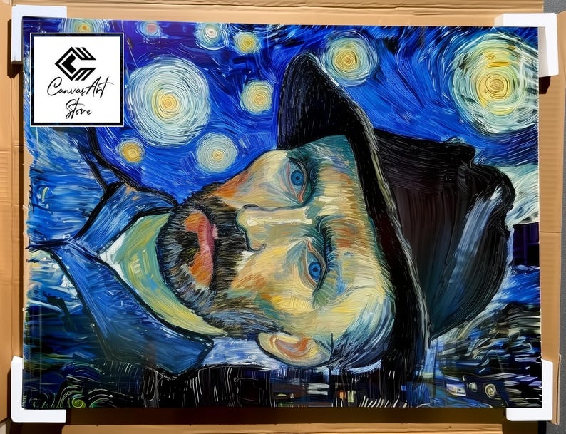 May include: A rectangular canvas print featuring a stylised portrait of a bearded person wearing a dark hat, set against a swirling blue night sky with yellow stars. The logo Canvas Art Store is printed in the top left corner of the artwork.