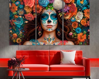 Day of the Dead prints Halloween canvas Gothic large wall art canvas print Woman Mexican Skull canvas print Los Muertos Sugar Skull