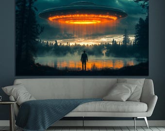UFO Abduction Canvas Print, Surreal Alien Art