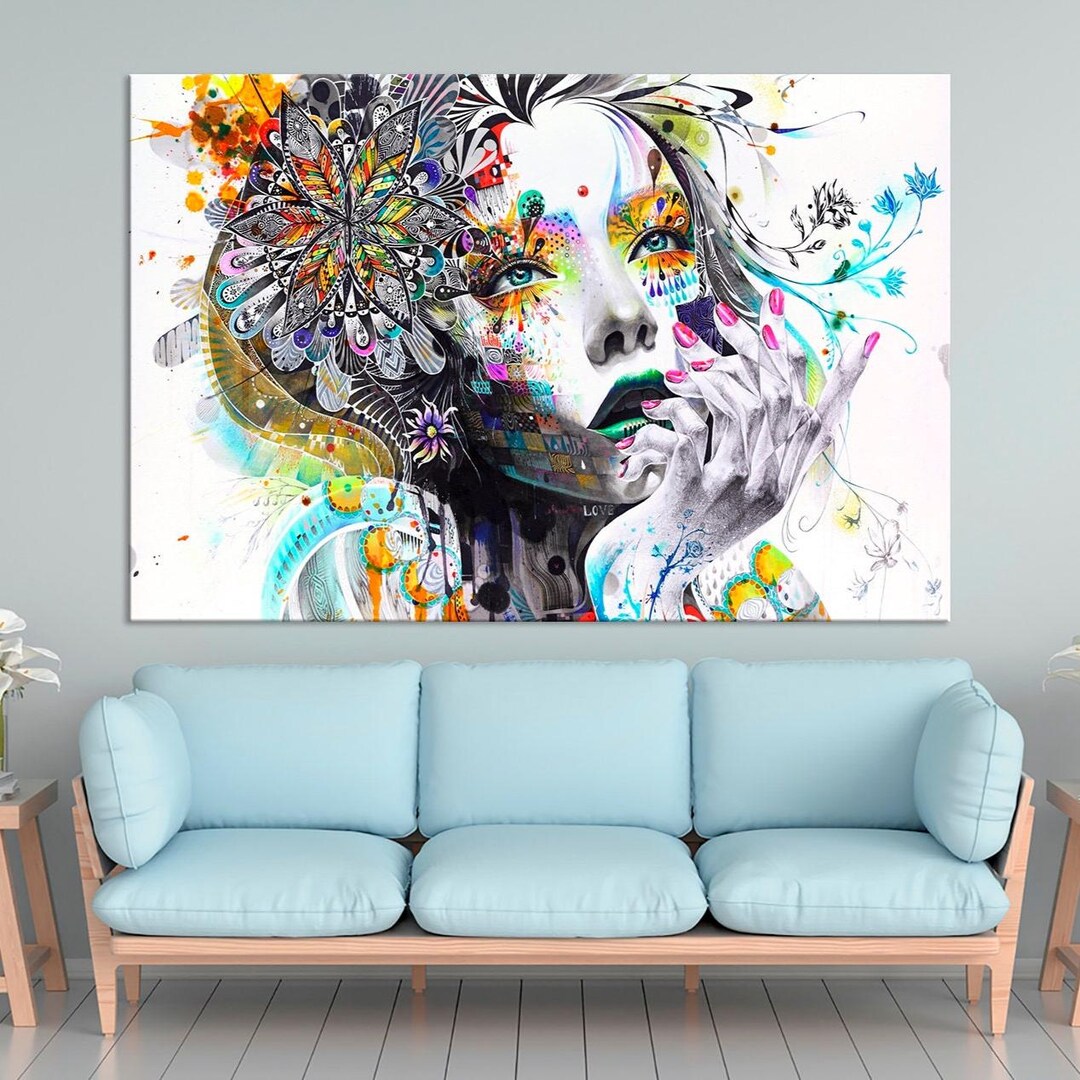 Woman Face Canvas Print: Colorful Floral Abstract Street Art Living ...