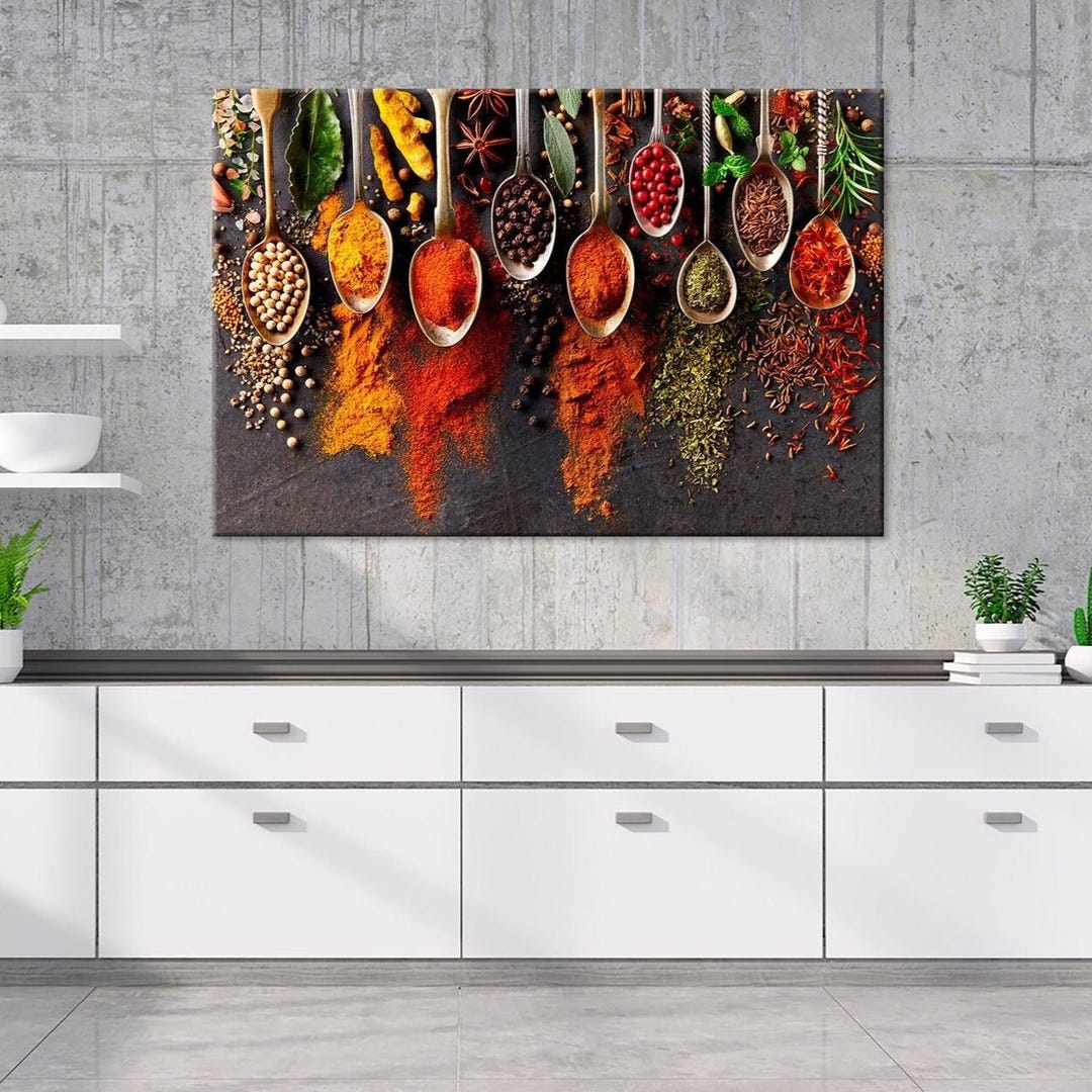 3 panels condiments in the kitchen wall art canvas... Herbs Spices Kitchen Canvas Wall Art – Ready to Hang Chef Decor - Etsy