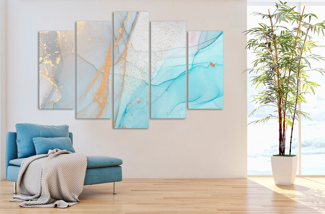 Abstract Wall Art Light Blue Wall Art Canvas Blue Gold Marble Etsy