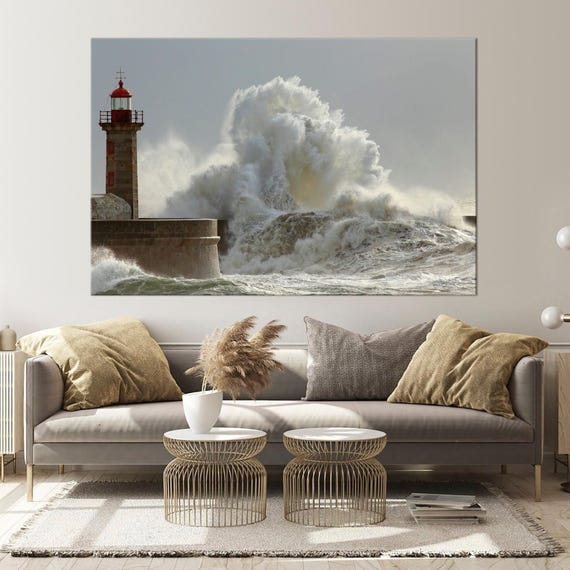Lighthouse Canvas Print: Stormy Ocean Wave Seascape Art