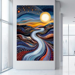 Lienzo abstracto de Noche Estrellada: Arte de puntos, Atardecer geométrico
