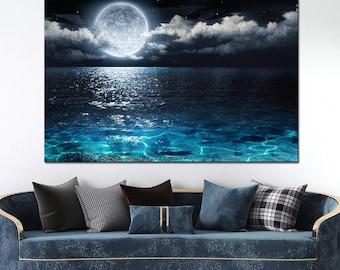 Moonlit Ocean Canvas Wall Art: Tranquil Night Sea View, Ready to Hang
