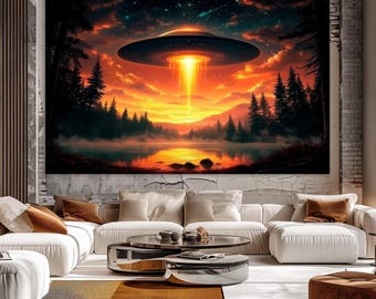 Sci-Fi UFO Alien Abduction Spaceship Canvas Wall Art Print (Ready to Hang)