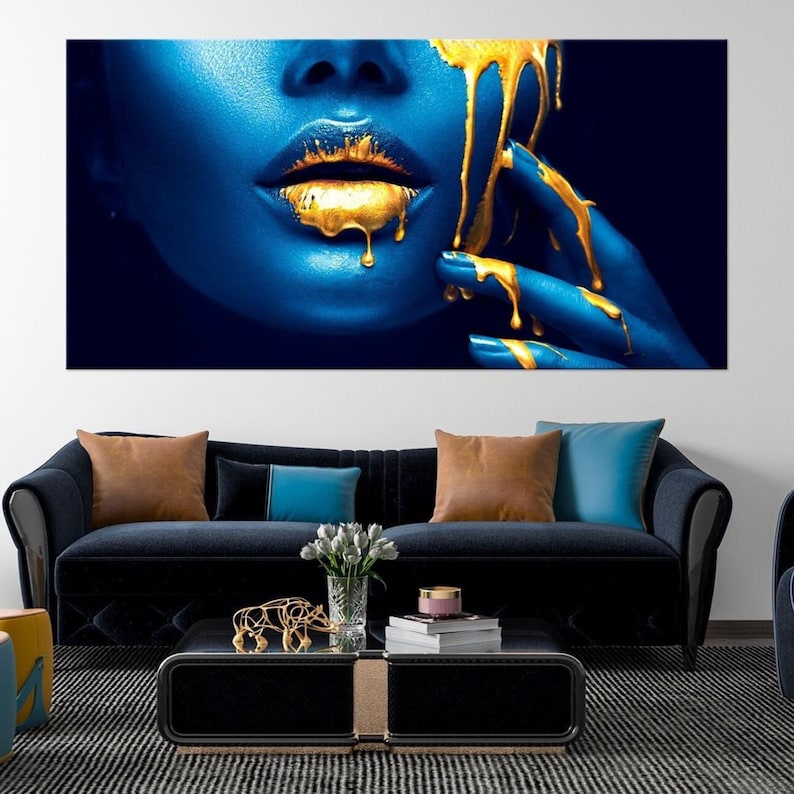 Abstract Black Woman Canvas Art: Gold Lips, Blue Face Modern Print - Etsy