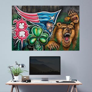 Graffiti Bear Boston Football Canvas Print: Sports Wall Art, Man Cave Decor