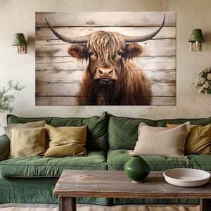 Highland Cow printable canvas wall art prints Modern Farmhouse decor Rustic cow print Cattle Wooden background Country wall art
