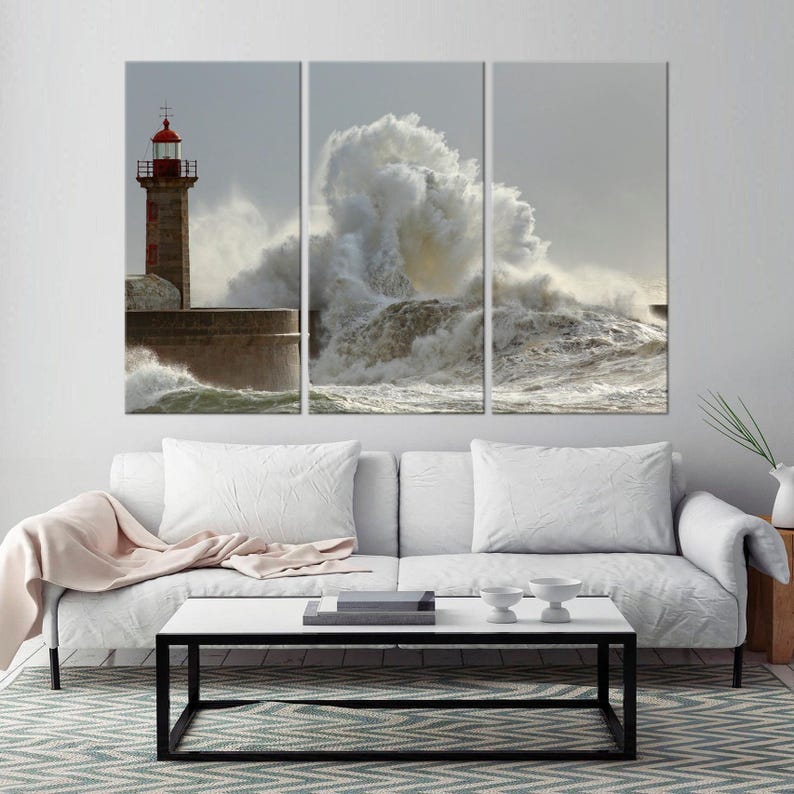 Lighthouse canvas wall art prints Ocean Wave wall art Stormy Sea Landscape print Nature wall art Seascape art Storm wall art