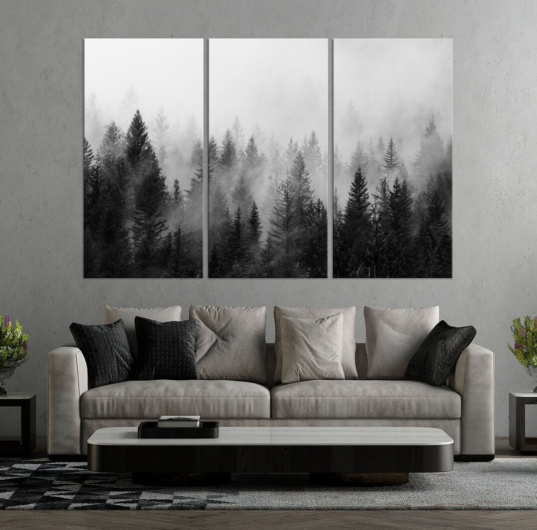 Foggy Forest Canvas Wall Art Landscape Nature Art Prints Extra Large Pine Tree Wall Art Living