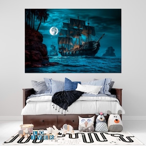 Pirate ship printable canvas wall art prints Gaming wall art Sailing ship print Modern canvas Housewarming gift Kids room decor