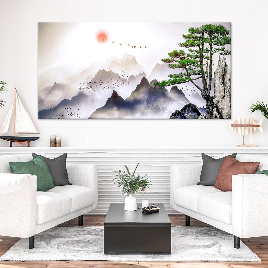 Japanese Mountain Landscape Canvas Art – Minimalist Asian Wall Decor ...