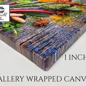May include: A gallery wrapped canvas featuring a culinary print of various spices, herbs, and star anise on a rustic blue and brown wooden surface. The canvas has a depth of 1 inch, clearly indicated by a white arrow and text on the side.