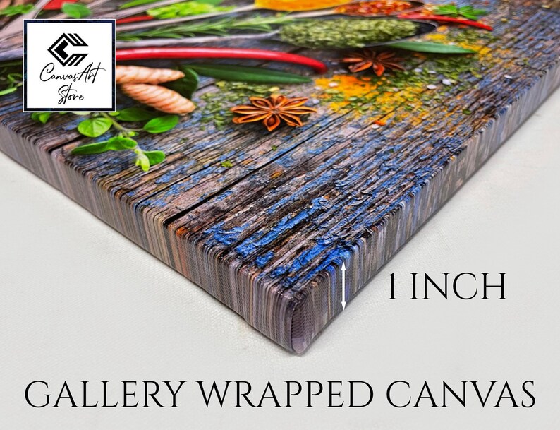 May include: A gallery wrapped canvas featuring a culinary print of various spices, herbs, and star anise on a rustic blue and brown wooden surface. The canvas has a depth of 1 inch, clearly indicated by a white arrow and text on the side.
