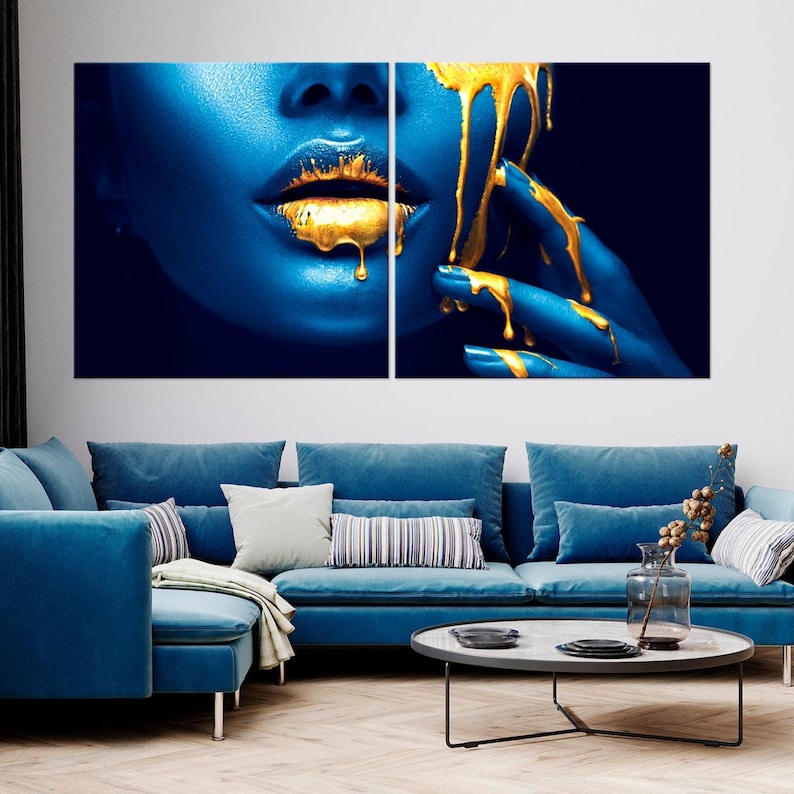 Abstract Black Woman Canvas Art: Gold Lips, Blue Face Modern Print - Etsy