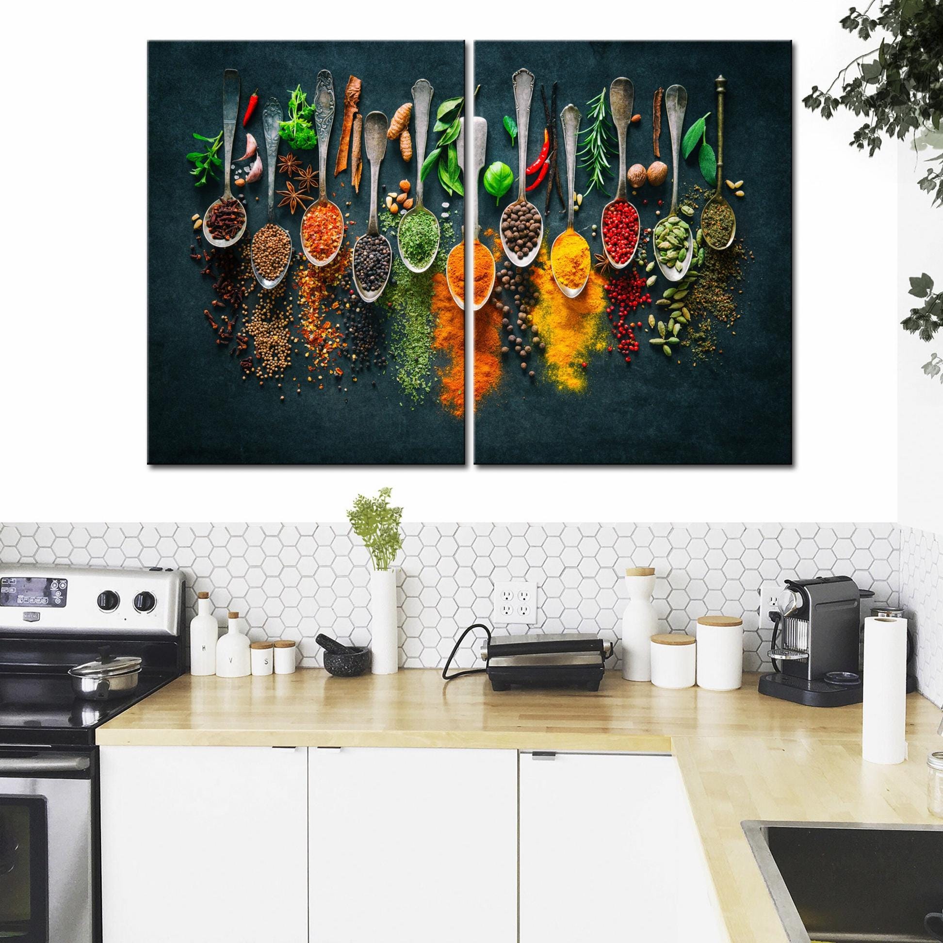 3 panels condiments in the kitchen wall art canvas... Culinary Herbs & Spices Canvas Print, Colorful Kitchen Wall Art - Etsy