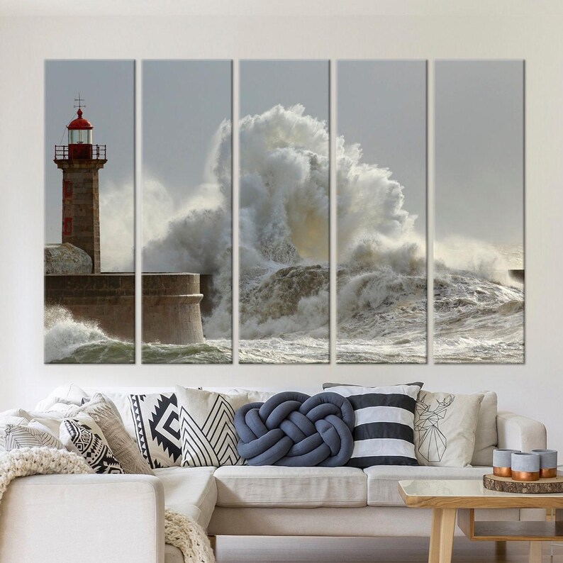 Lighthouse canvas wall art prints Ocean Wave wall art Stormy Sea Landscape print Nature wall art Seascape art Storm wall art