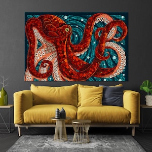 Red octopus printable canvas wall art prints Octopus painting Underwater wall art Nautical decor Abstract octopus art Beach house decor