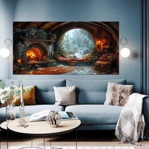 Fantasy House printable canvas wall art prints Cozy Hole wall art Book lover gift Round door Fantasy cottage painting print