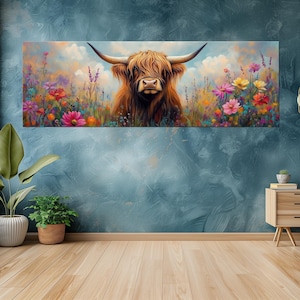 Cow portrait printable canvas wall art prints Cow painting Highland cow art Funny cow print Floral wall art Farmhouse decor Animal print