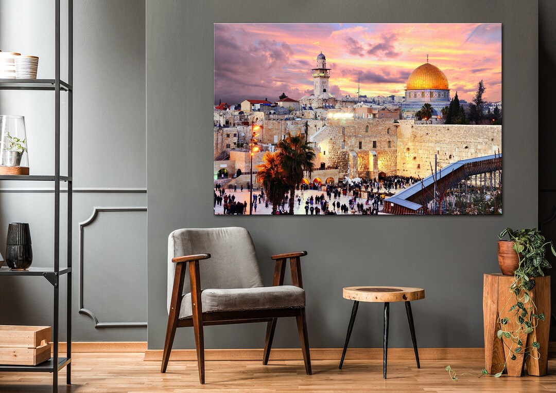 Wall of Tears Canvas Art Jerusalem Wall Art Israel Travel Poster Al Aqsa Mosque City Sunset Art