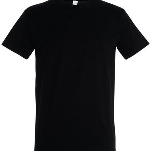May include: A plain black short-sleeved t-shirt.