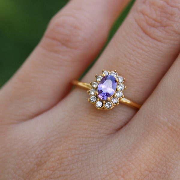 Gold Purple Halo Flower Adjustable Ring, Purple Gemstone Ring, Amethyst Stone Ring, Halo Lavender Stone Ring, Minimalist Ring Christmas Gift