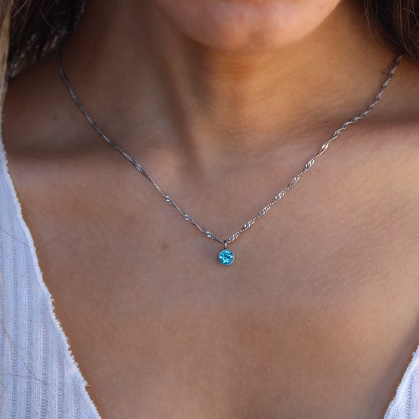 Silver Aquamarine Round Birthstone Necklace March Birthstone Blue Gemstone Necklace WATERPROOF Pendant March Birthstone Personalized Gift