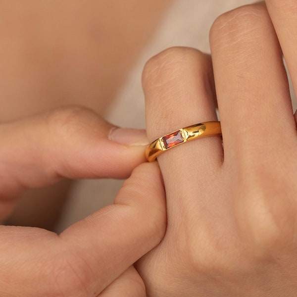 Garnet Birthstone Ring Gemstone Diamond Ring Statement Baguette Ring Minimalist Ring Personalized Custom Ring Gift for Her Dainty Birthstone