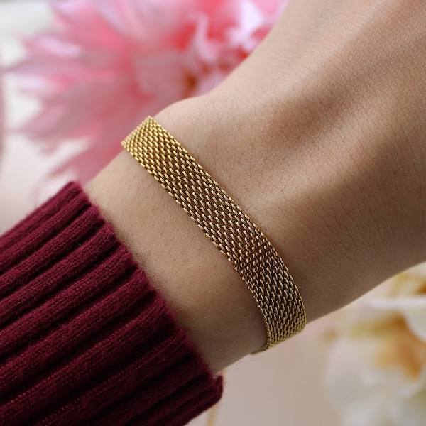 18K Gold Filled Mesh Weaved Bracelet, Gold Layering Bracelet Baguette Gold Link Bracelet, Stacking Bracelet Retro Vintage Waterproof Mesh