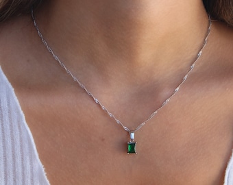 Silver Emerald Necklace Dainty Gemstone Necklace, WATERPROOF Jewelry, Anti Tarnish Necklace, Green Emerald Necklace Birthstone Gift