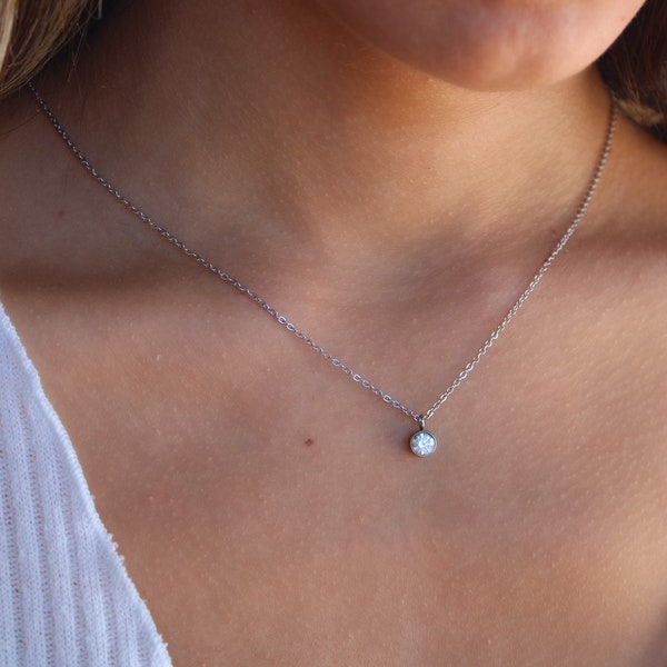 Silver Diamond Birthstone Necklace April Birthstone Pendant Personalized Gift, Minimalist Jewelry, Gemstone Necklace, WATERPROOF Jewelry