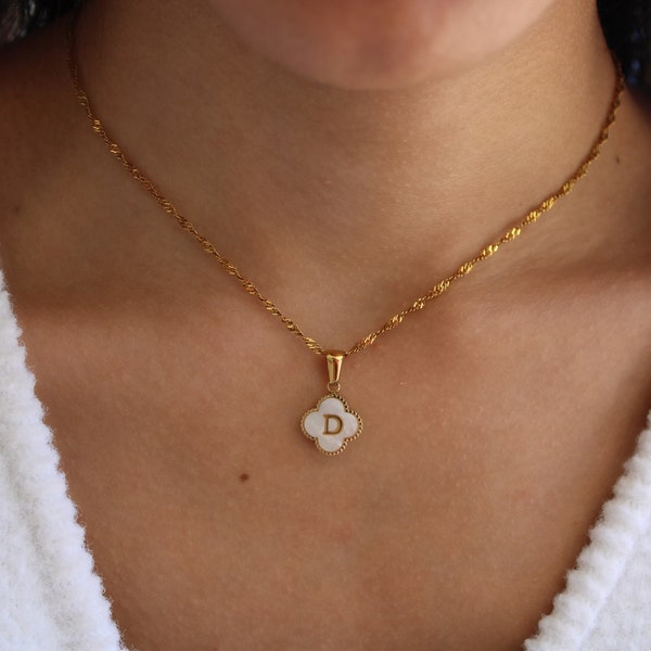 Gold Letter Initial Necklace, Clover Initial Necklace, Mother of Pearls Initial Necklace, Initial Gold White Clover Pendant, Birthday Gift
