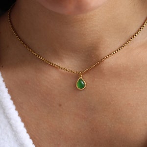 Gold Cat Eye Jade Necklace, Minimalist Green Gemstone Necklace, Personalized Gift, Jade Teardrop Necklace, Healing Protection Gift for Her image 1