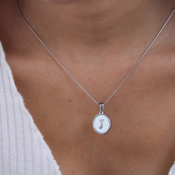 Silver Initial Letter Necklace, Round Letter Pendant, Mother of Pearls Initial Necklace, Personalized Gift, STAINLESS STEEL Round Medallion