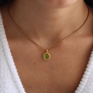 Gold Cat Eye Quartz Necklace, Green Gemstone Necklace, Personalized Necklace, STAINLESS STEEL Vintage Jewelry, WATERPROOF, Gift For Mom