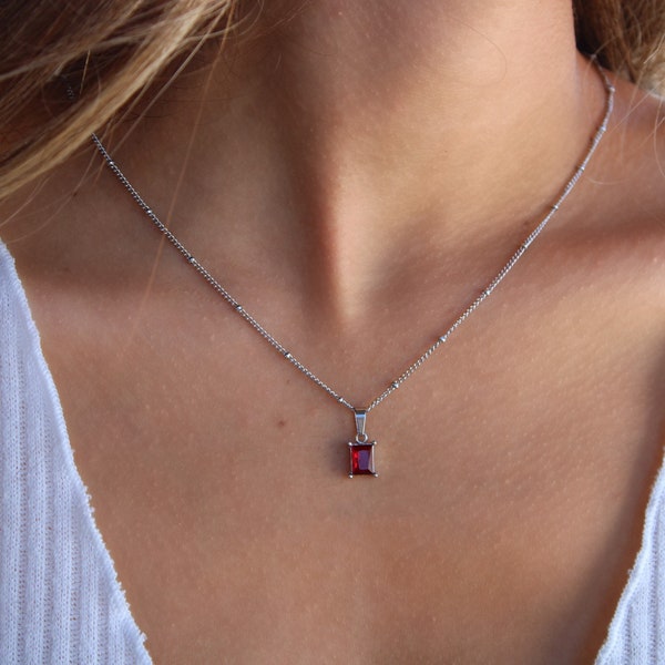 Silver Ruby Necklace, Red Gemstone Square Necklace, Garnet Necklace, WATERPROOF Jewelry, Silver Birthstone Necklace, Bridesmaid Gift