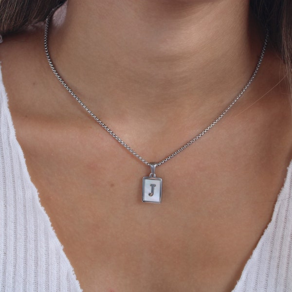 Silver Mother of Pearl Initial Letter Necklace, WATERPROOF Necklace Square Alphabet Rectangle Medallion Pendant Personalized Gift for Mom