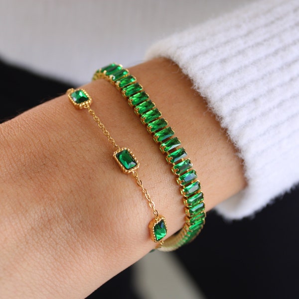 Gold Emerald Dainty Bracelet, Green Gemstone Bracelet, Emerald Tennis Bracelet, Waterproof Jewelry, Stainless Steel Bracelet, Gift for Her