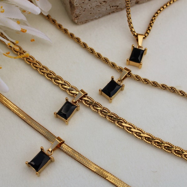 Gold Filled Zircon Black Necklace, Onyx Pendant Choker, Vintage Jewelry, Waterproof Necklace, Black Onyx Necklace, Anti Tarnish Gift for Her