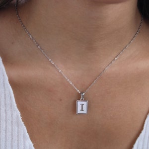 Silver Initial Necklace Silver Letter Pendant Initial Pendant Necklace Square Alphabet Rectangle Medallion Pendant Personalized Gift for Her
